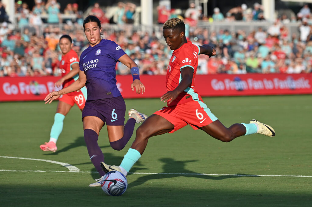 Temwa Chawinga strikes the ball during Kansas City's July 6th loss to the Orlando Pride.