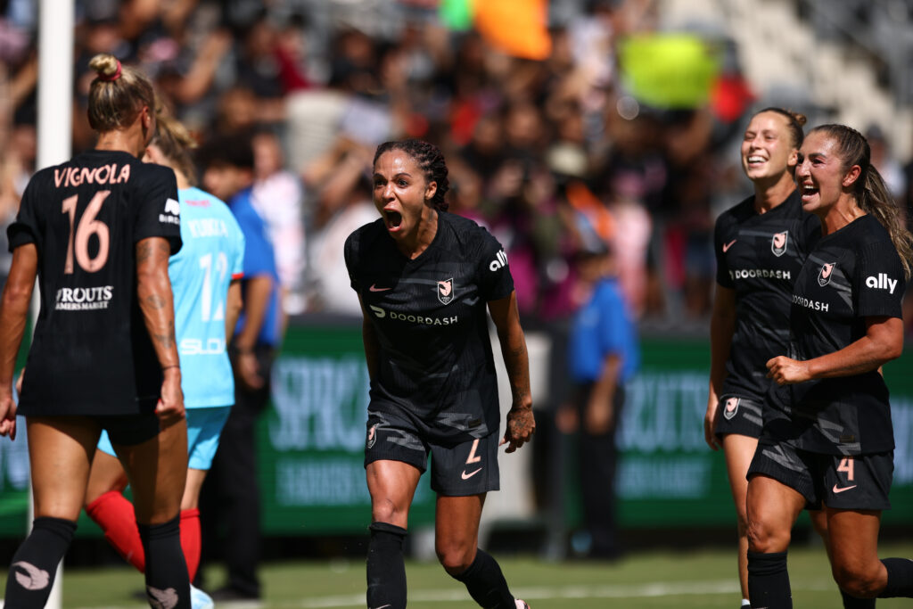 Angel City's Sydney Leroux celebrates a goal