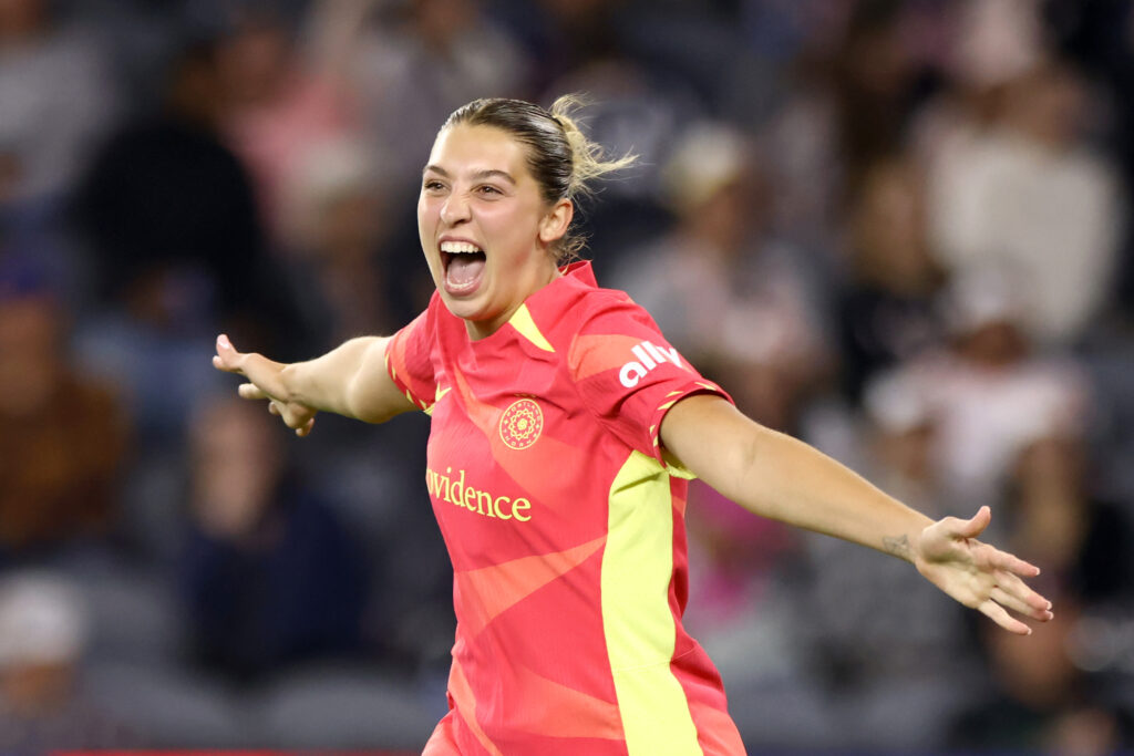 Portland attacker Morgan Weaver celebrates her goal against Angel City in Monday's NWSL tilt.