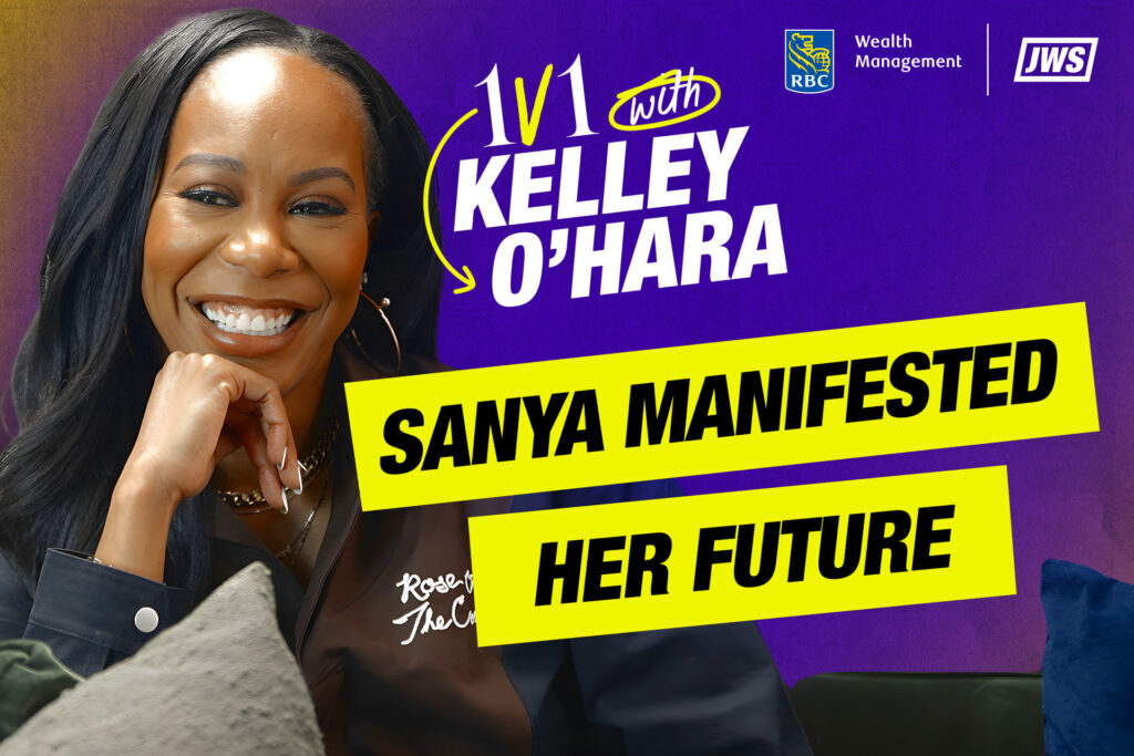 US track legend Sanya Richards-Ross behind the '1v1' logo