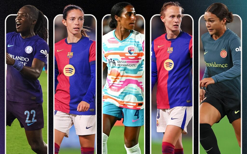 2024 BBC Footballer of the Year nominees Aitana Bonmatí and Caroline Graham Hansen of Barcelona and NWSL stars Barbra Banda, Naomi Girma, and Sophia Smith.