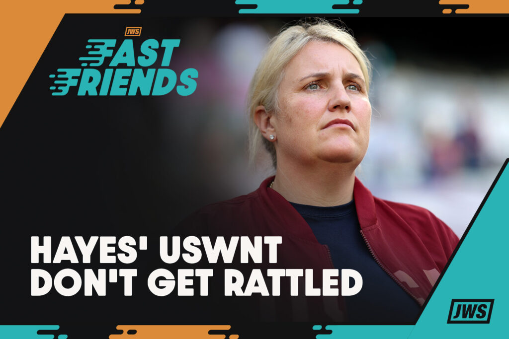 USWNT coach Emma Hayes behind the 'Fast Friends' logo