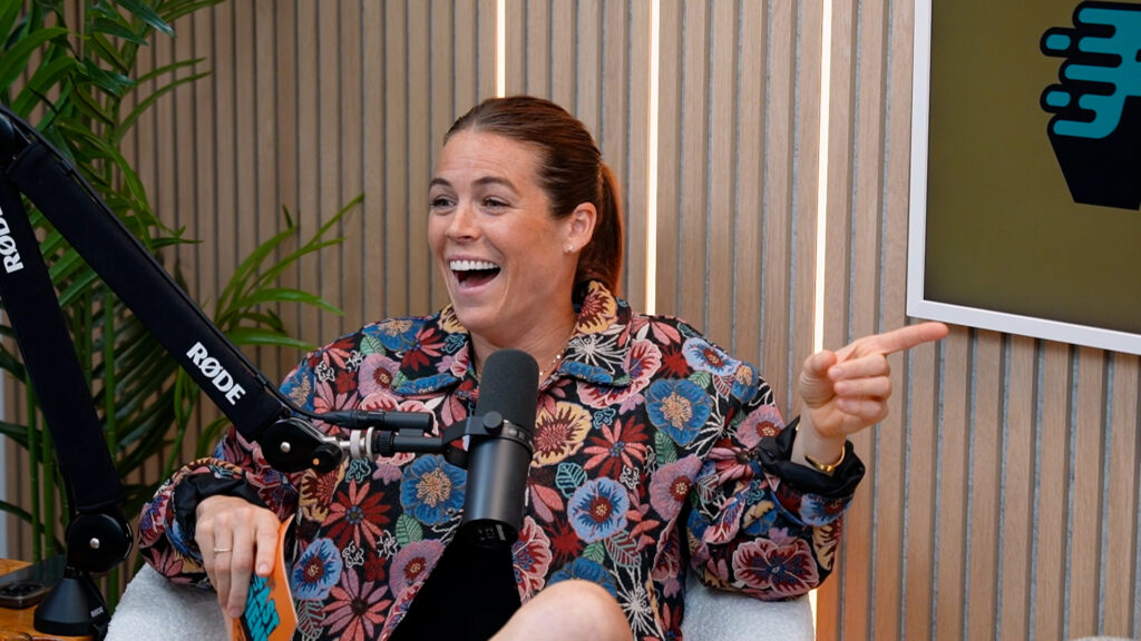 Kelley O'Hara poses during a studio taping of Fast Friends women's sports show.