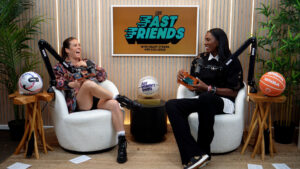 Studio shot of Kelley O'Hara and Lisa Leslie filming Fast Friends.