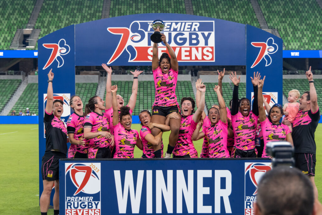 The Southern Headliners celebrate their PR7s trophy win at the 2023 Premier Rugby Sevens Eastern Conference Kickoff.