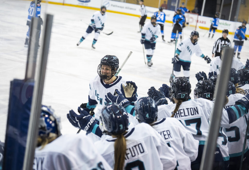 New York's Jill Saulnier high-fives her bench during a New Year's Day 2024 PWHL game.