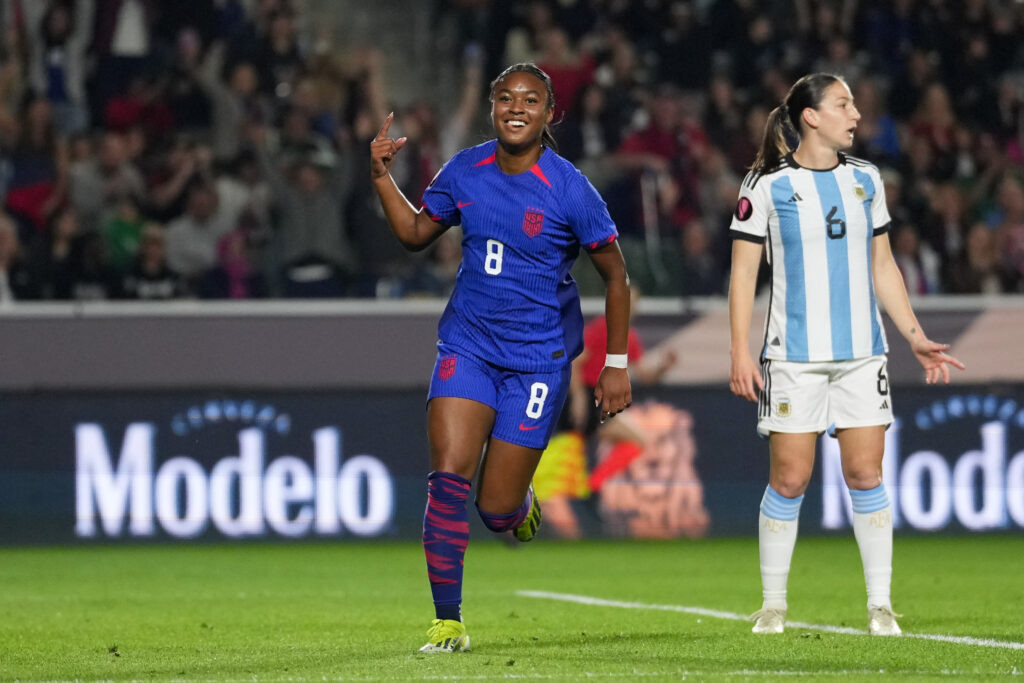 USWNT forward Jaedyn Shaw celebrates a goal against Argentina in February's Concacaf W Gold Cup.