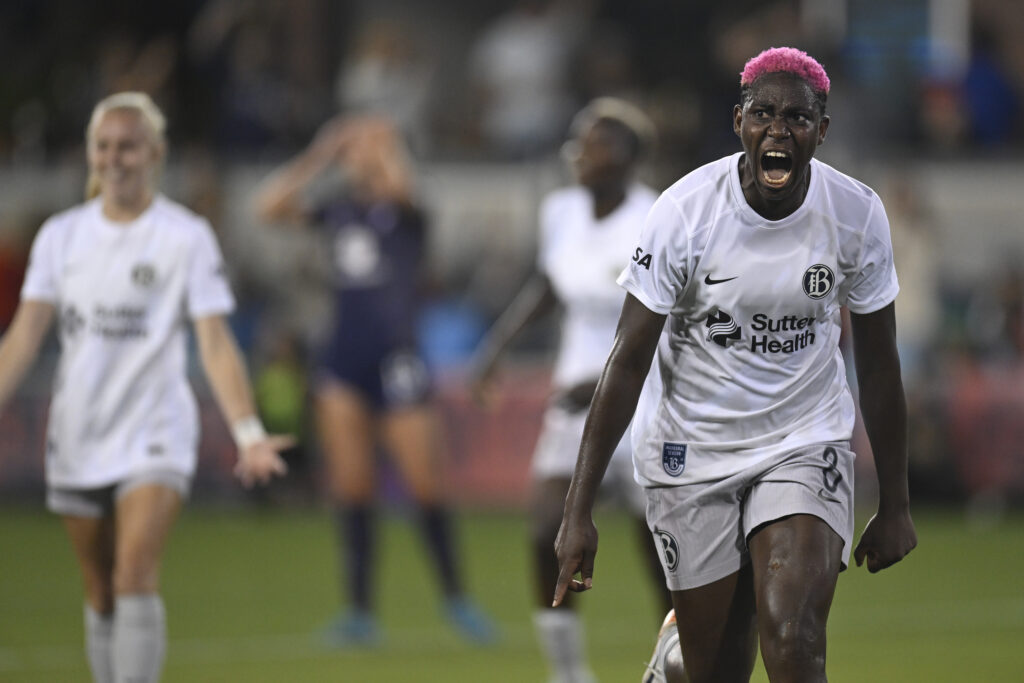 Bay FC's Asisat Oshoala celebrates a goal in an NWSL game.