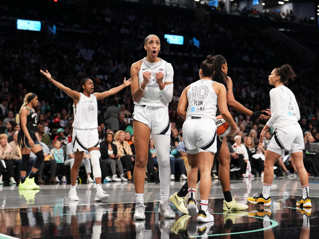 A'ja Wilson reacts to a play in the Aces's Game 1 WNBA semifinal loss to the Liberty