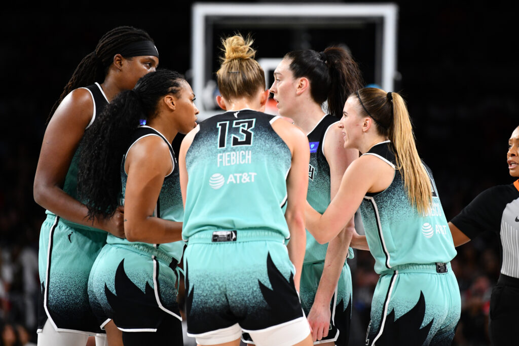 The Liberty huddle up during Game 4 of the WNBA semifinals