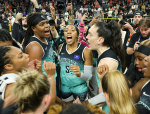 The New York Liberty celebrate making the 2024 WNBA Finals