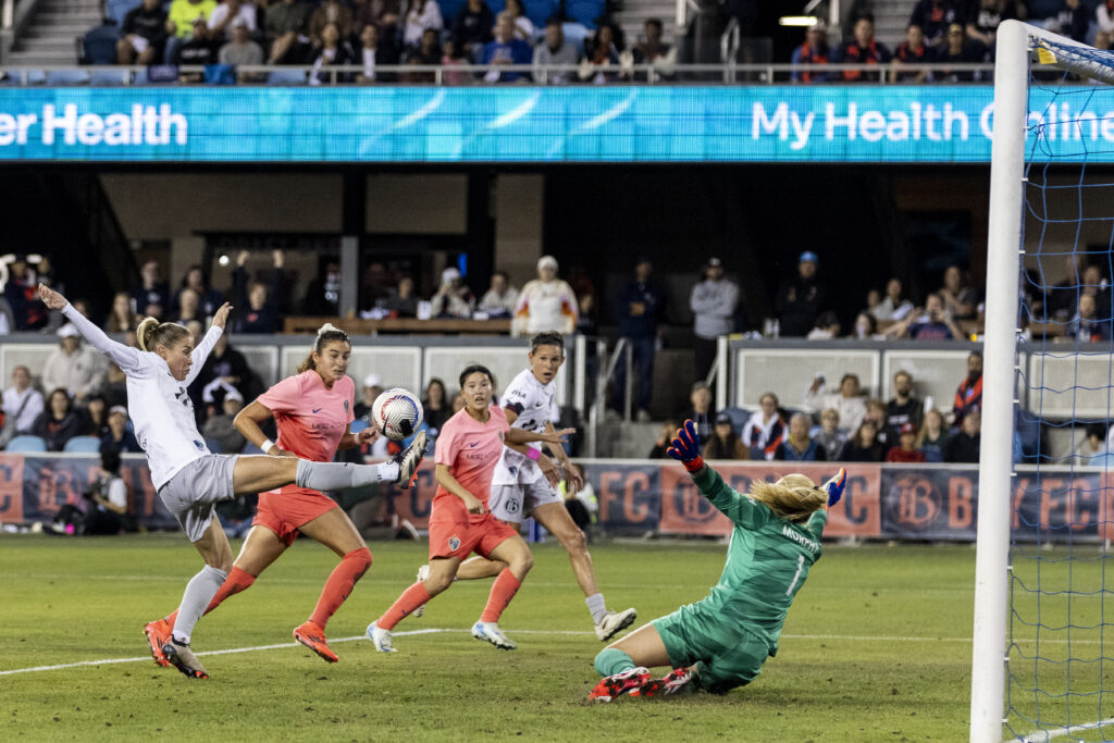 Bay defender Abby Dahlkemper taps in the game-winning goal against North Carolina in an NWSL match.