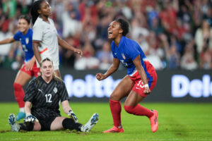 USWNT forward Jaedyn Shaw celebrates her goal against Iceland on Thursday.