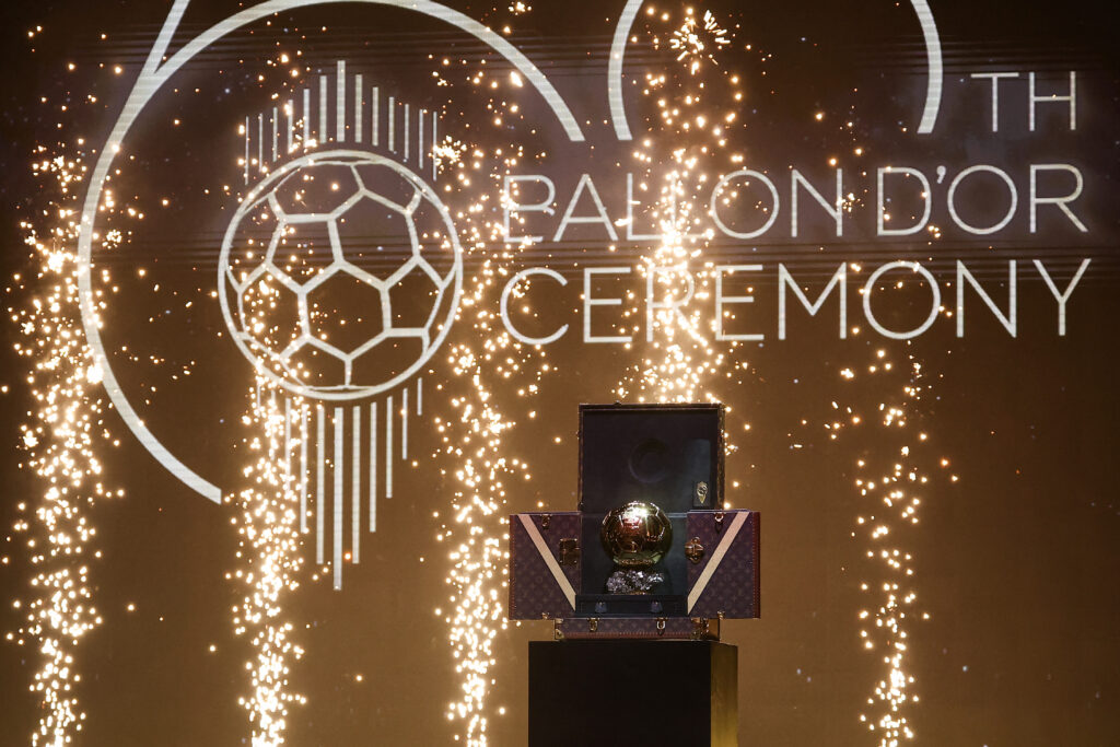 The 2024 Ballon d'Or trophy sits onstage at Monday's ceremony.