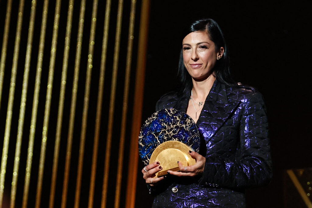 Spain's Jenni Hermoso holds the Ballon d'Or Socrates Award for her humanitarian work.