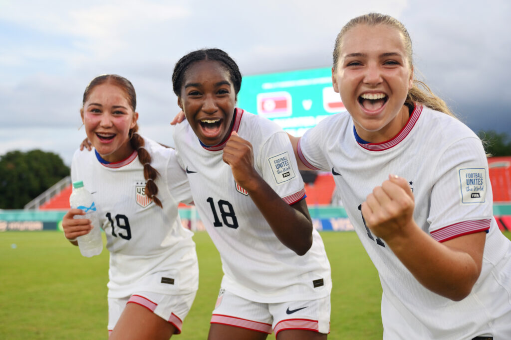 U-17 USWNT players celebrate their 2-0 quarterfinal win over Nigeria at the 2024 U17 World Cup.