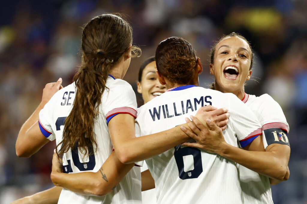 The USWNT celebrate. goal against Iceland on Sunday