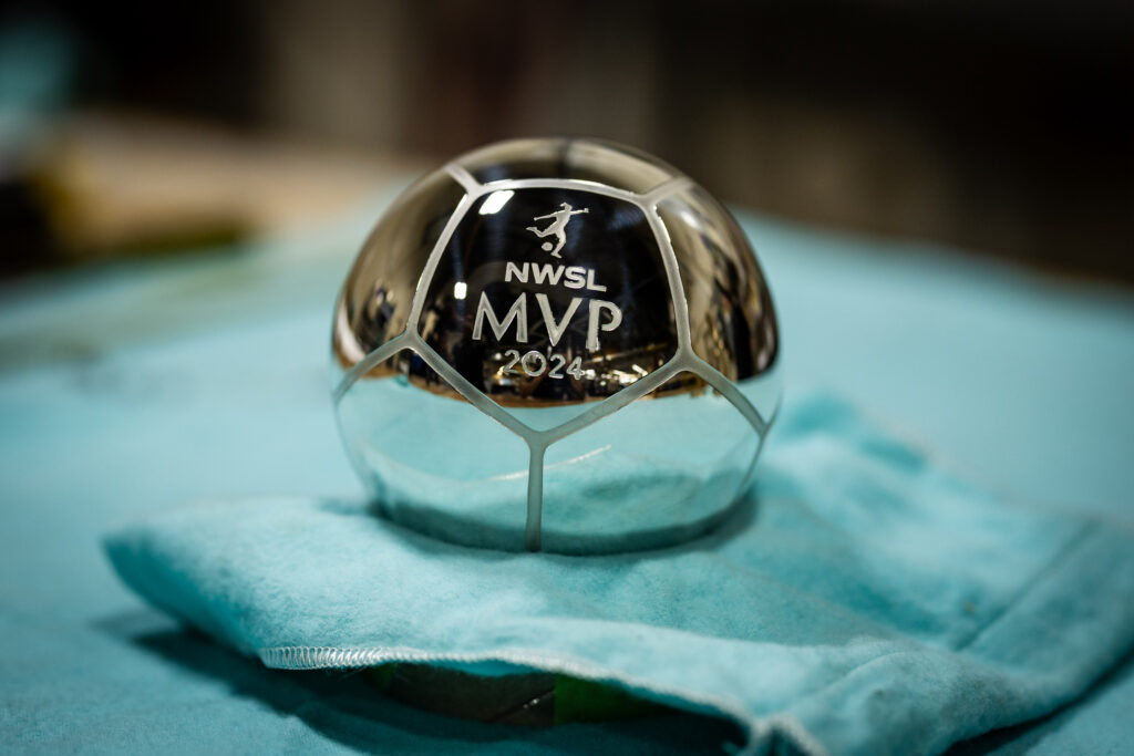 The silver soccer ball that's part of the new NWSL season MVP trophy