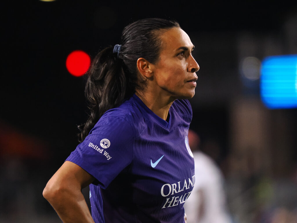 Orlando Pride veteran Marta looks out during a game