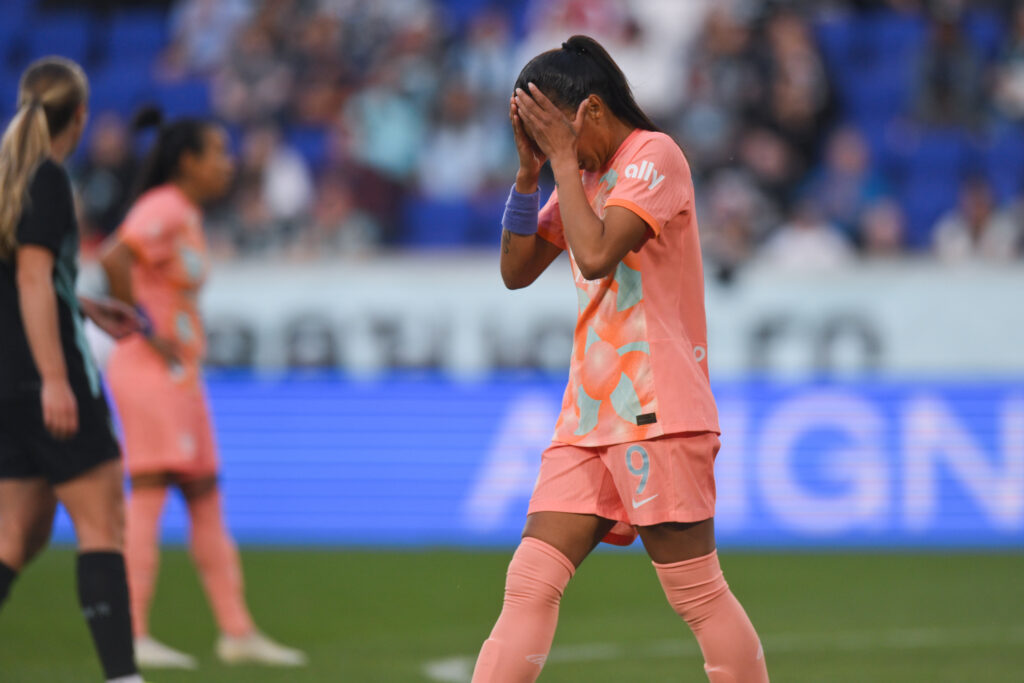 Orlando Pride forward Adriana Leal da Silva reacts after a shot on goal during the first half of an NWSL game against NJ/NY Gotham FC at Red Bull Arena.