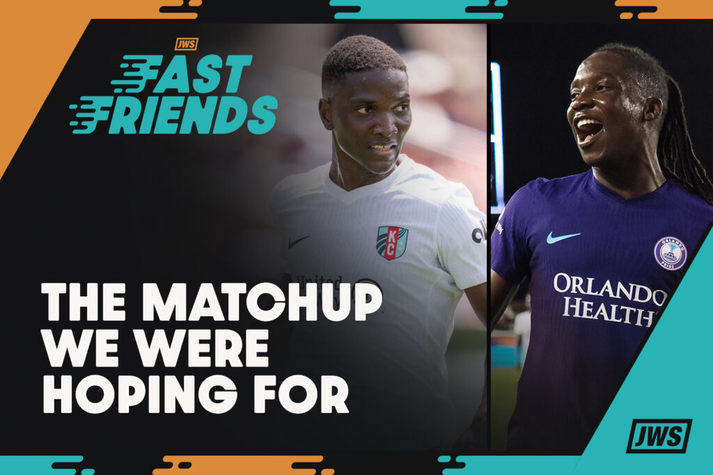 Kansas City's Temwa Chawinga and Orlando's Barbra Banda behind the 'Fast Friends' graphic