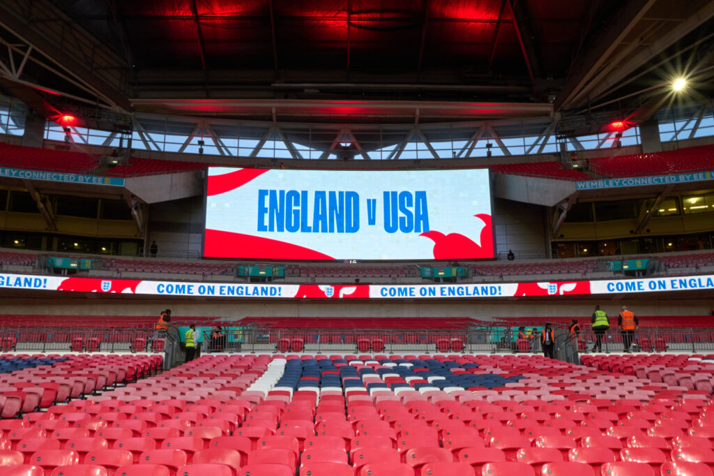 A sign at Wembley Stadium reads 'England v USA' prior to the pair's 2022 friendly.