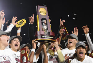 Members of the 2023 Florida State soccer team celebrate winning the national championship.