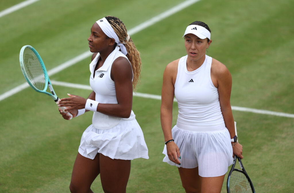 WTA tennis stars Coco Gauff and Jessica Pegula play doubles together at Wimbledon 2024.