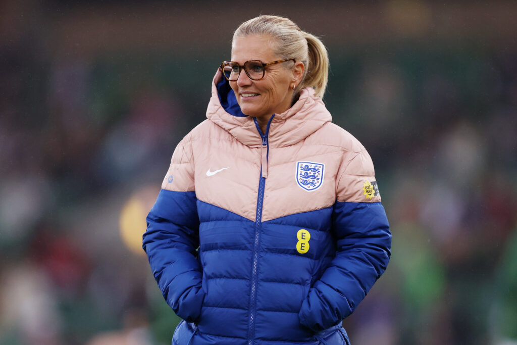 England head coach Sarina Weigman looks on prior to a 2025 Euro qualifying match.