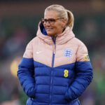 Sarina Wiegman, Manager of England, looks on during the warm up prior to the UEFA Women's EURO 2025 qualifying match between England and Republic of Ireland at Carrow Road on July 12, 2024 in Norwich, England.