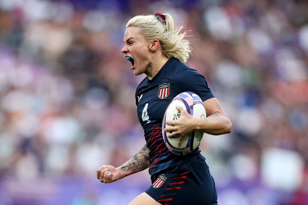 Sammy Sullivan of Team USA rugby celebrates during a game at the 2024 Paris Olympics.