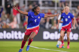 USWNT center back Naomi Girma celebrates her second international goal