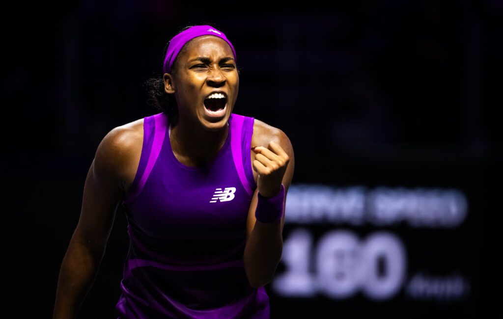 World No. 3 Coco Gauff celebrates her victory over No. 2 Iga Świątek at the 2024 WTA Finals