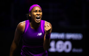 World No. 3 Coco Gauff celebrates her victory over No. 2 Iga Świątek at the 2024 WTA Finals