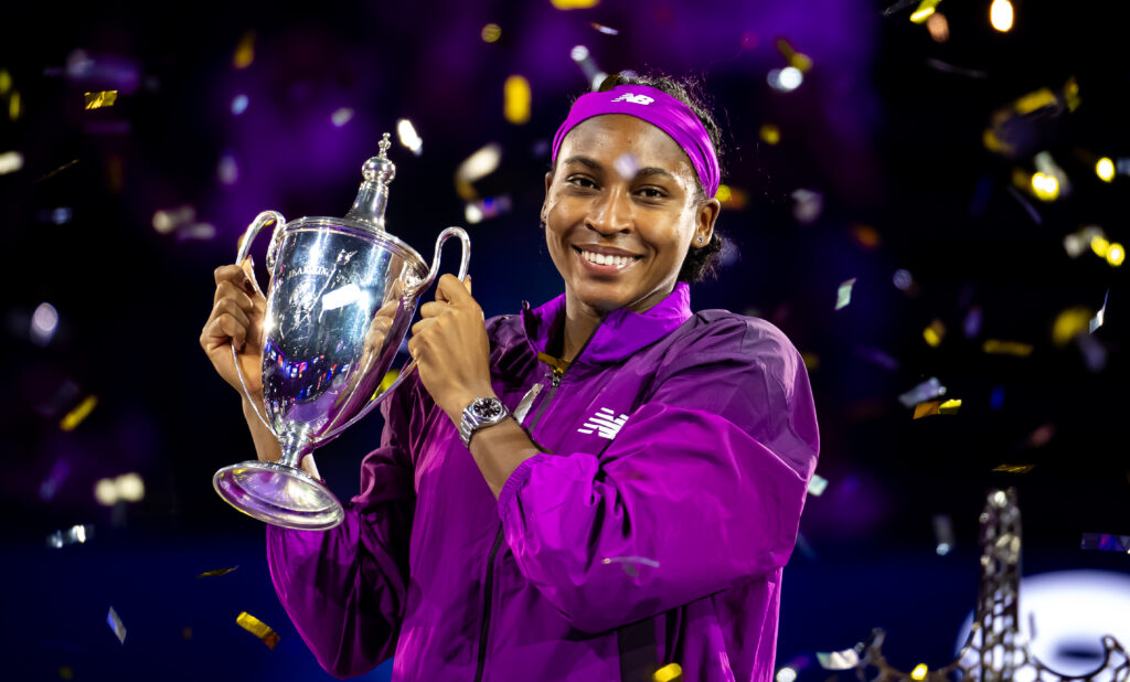 US tennis star Coco Gauff poses with her 2024 WTA Finals trophy