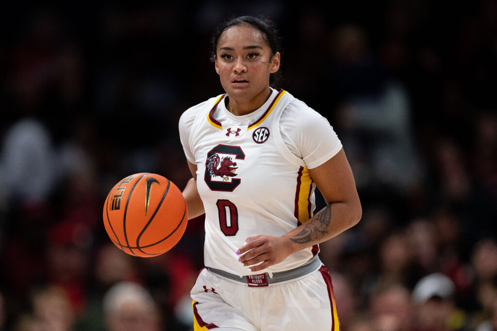 South Carolina guard Te'Hina Paopao dribbles the ball upcourt in an NCAA college basketball game.