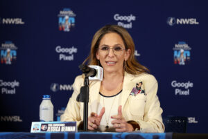 Commissioner Jessica Berman addresses the media prior to the 2024 NWSL Championship match.