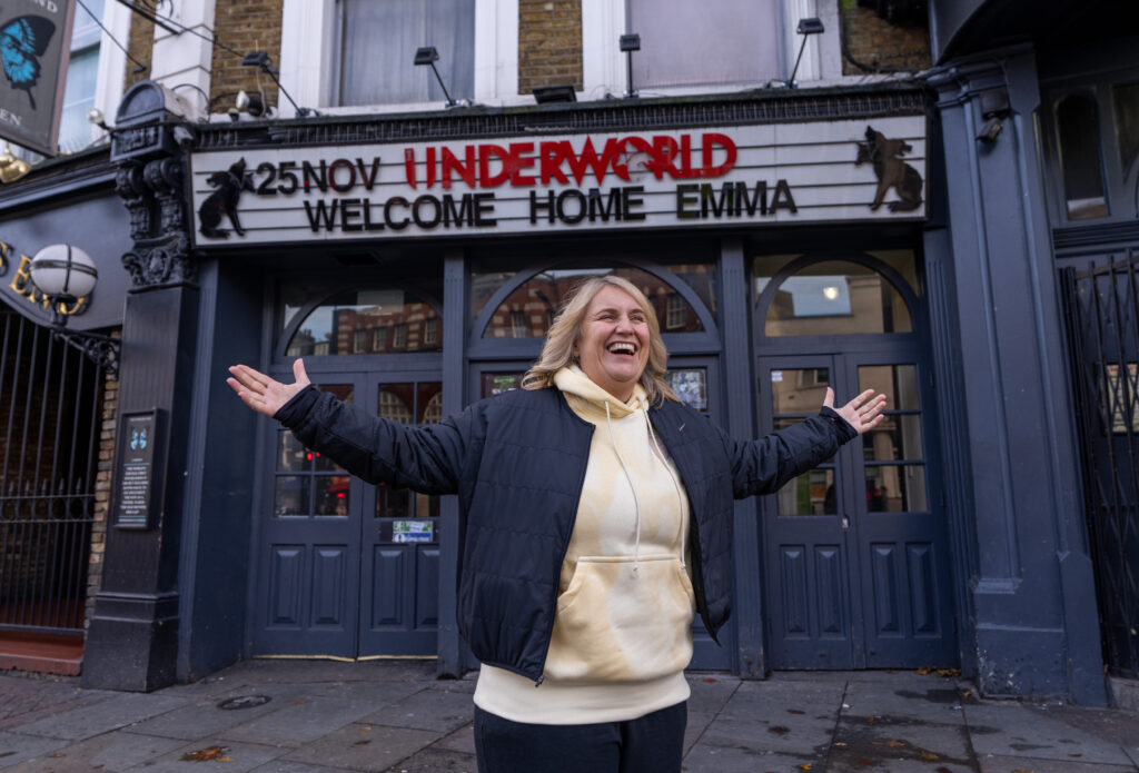 USWNT head coach Emma Hayes stands in front of her hometown Camden pub in London.