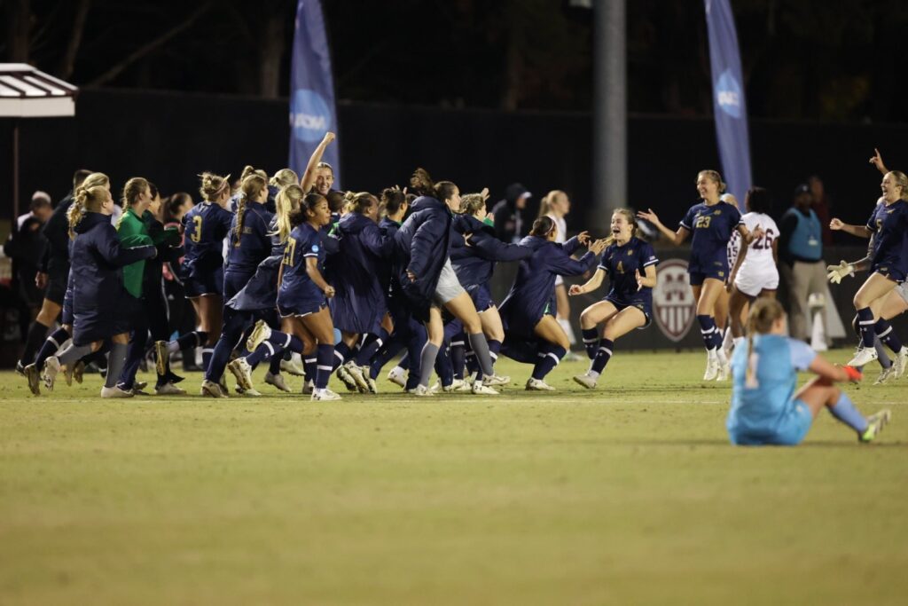 No. 4 Notre Dame celebrates their win over No. 1 Mississippi State on Sunday in the NCAA soccer championship tournament.