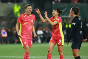 Portland's Christine Sinclair celebrates her final home goal in her NWSL career.