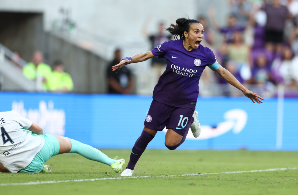 Orlando captain Marta celebrates her game-winning goal in the 2024 NWSL semifinals.