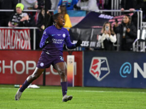 Orlando's Barbra Banda celebrates her goal in the 2024 NWSL Championship.