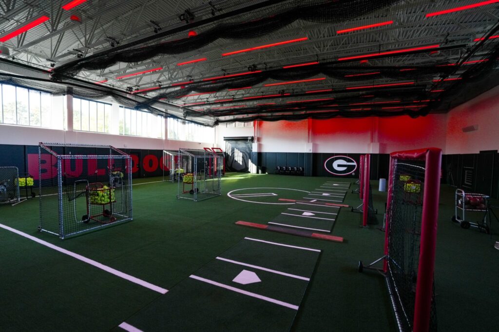 Georgia softball's new batting cage room has four lanes for hitting practice.