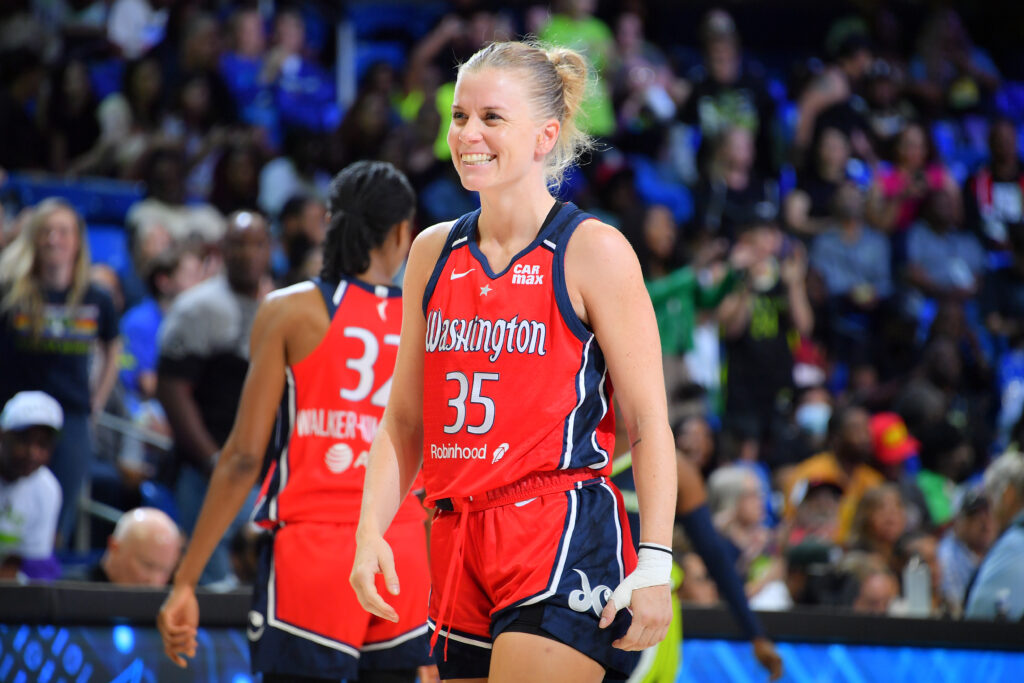 Golden State Valkyries expansion draft selected player and former Mystics guard Julie Vanloo smiles during a game.