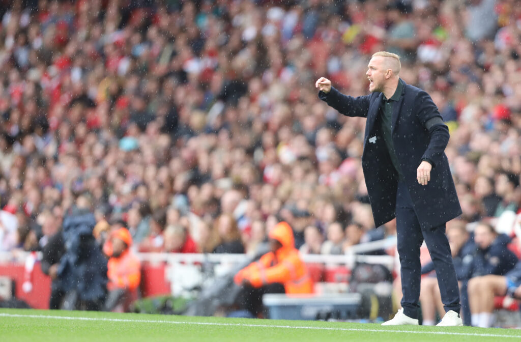 Arsenal Manager Jonas Eidevall is under pressure during the Barclays FA Women's Super League match between Arsenal and Chelsea.