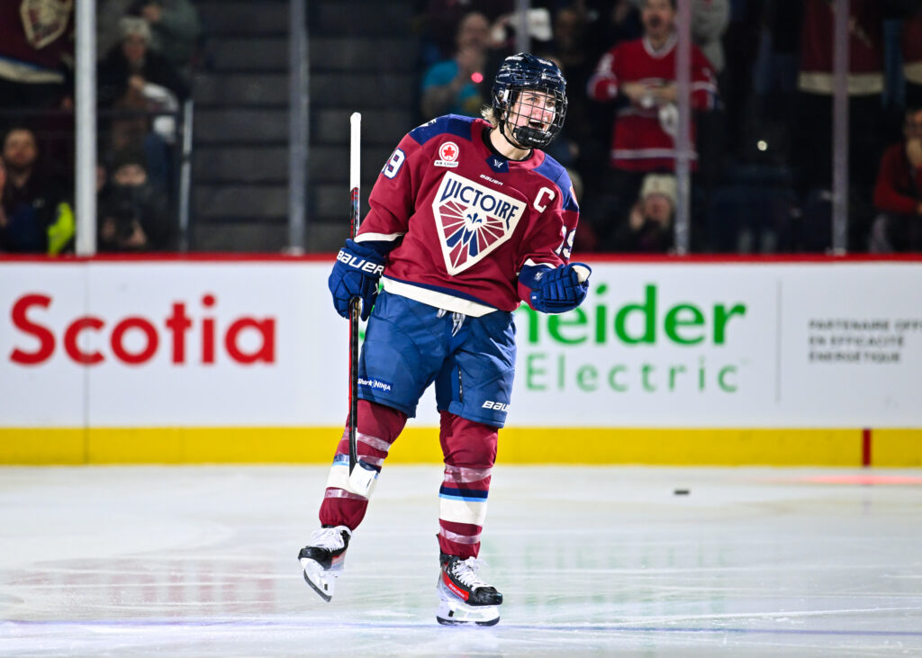 Montreal captain Marie-Philip Poulin celebrates her game-winner in Saturday's shootout PWHL win over Ottawa.