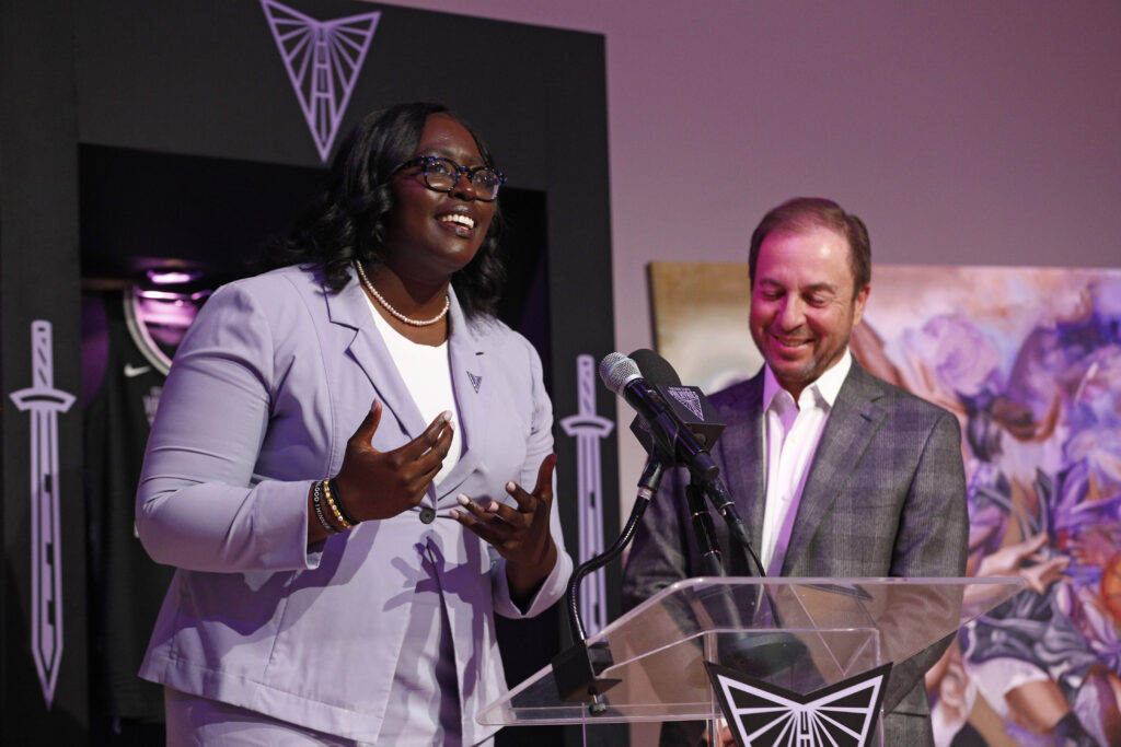 Golden State GM Ohemaa Nyanin and majority owner Joe Lacob speak at the Golden State Valkyries WNBA expansion draft.