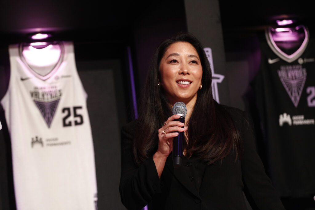 Valkyries head coach Natalie Nakase chats to Golden State's expansion draft party crowd.