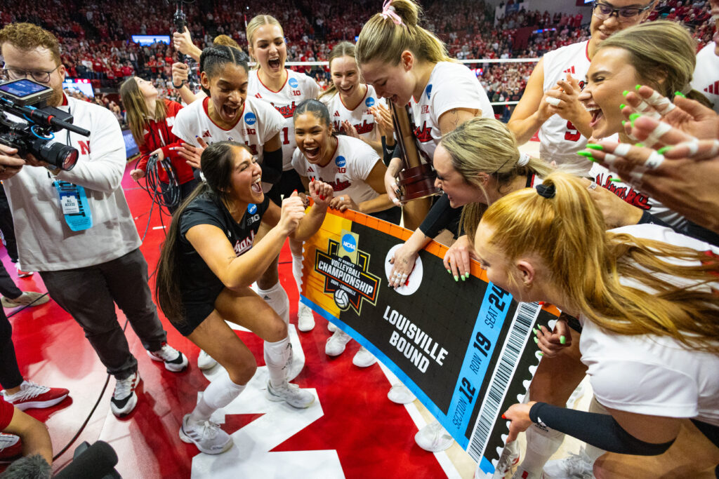 Nebraska volleyball celebrate booking their ticket to the 2024 NCAA Final Four.