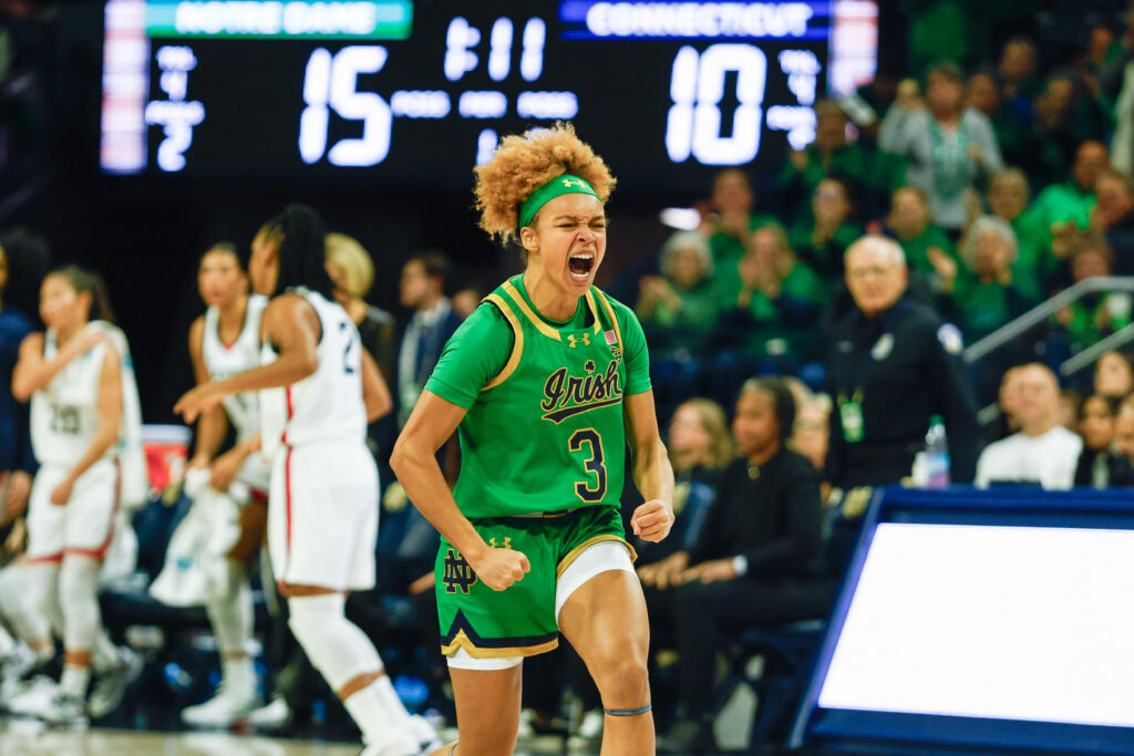 Notre Dame's Hannah Hidalgo celebrates a shot during a game.